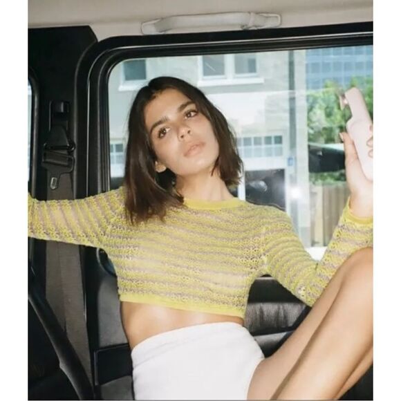 BNWT Zara Yellow Pointelle Knit Lightweight Crop Sweater - Picture 1 of 14